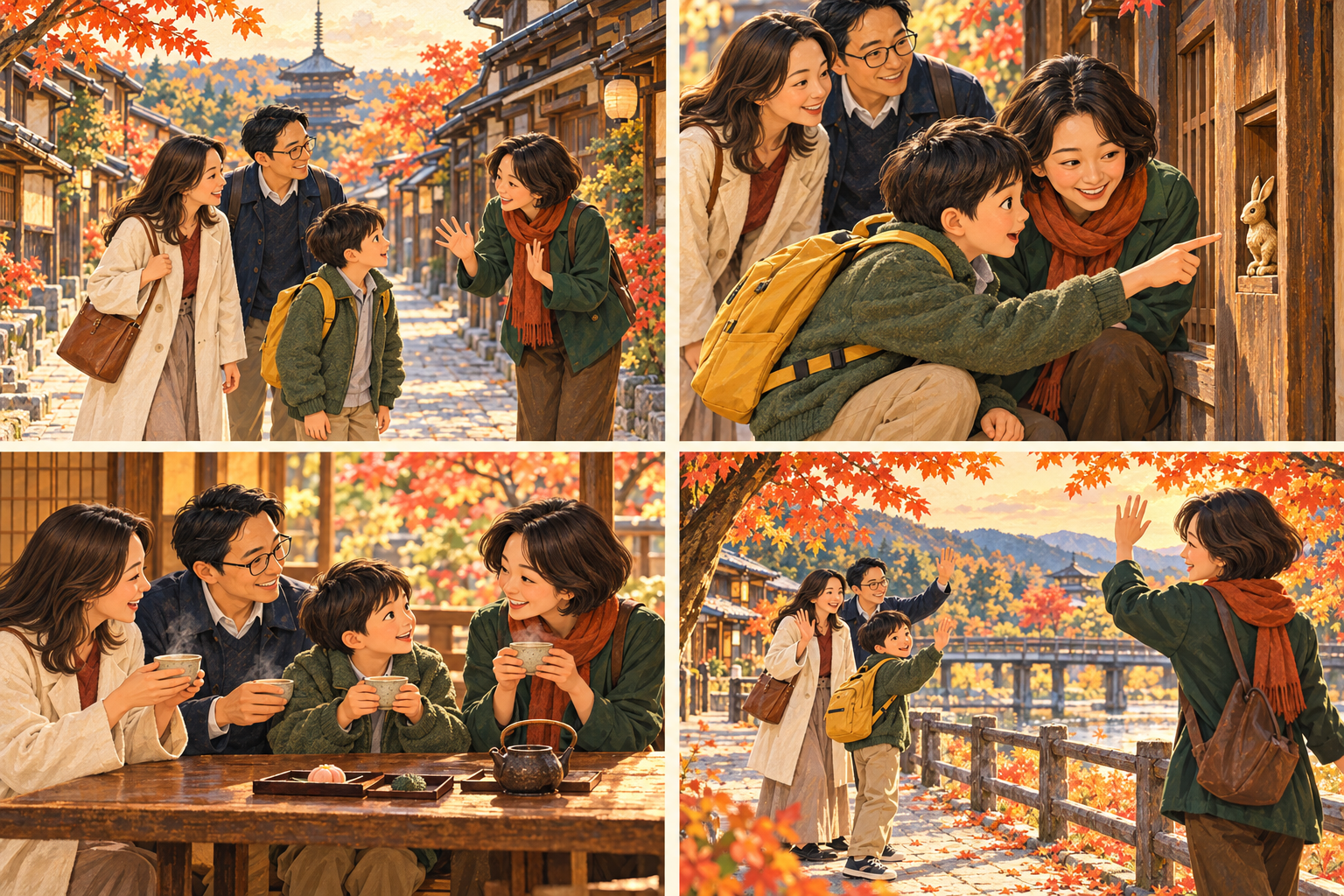 Four illustrated scenes: greeting Hana, spotting the rabbit, sharing tea and saying goodbye by the river