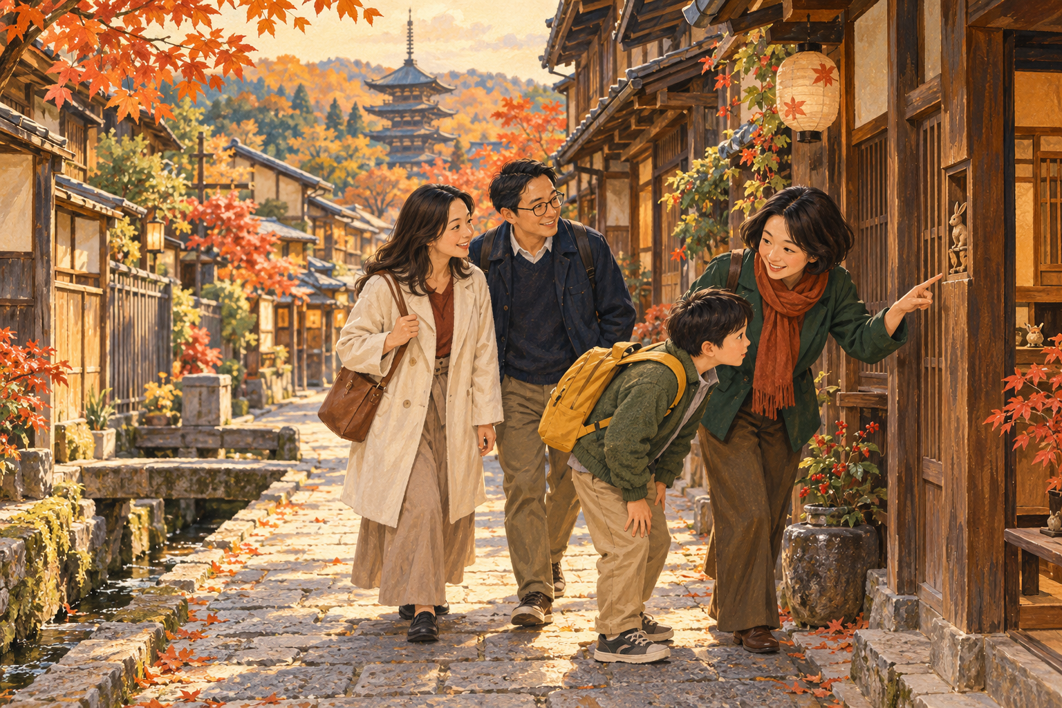 Illustration of Hana showing a family a tiny carved rabbit on a wooden doorway in Kyoto